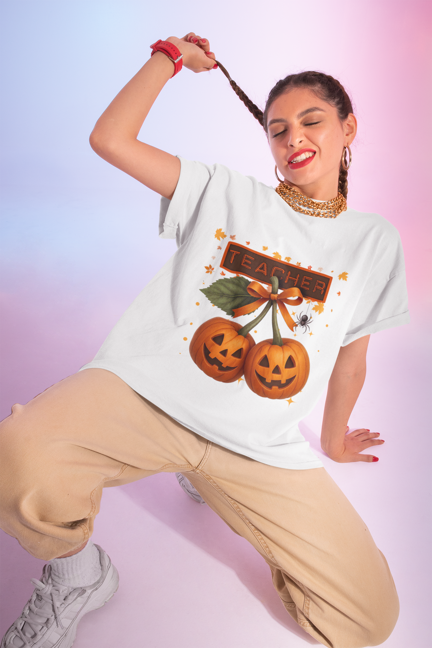 Halloween Teacher T-Shirt with Pumpkins, Spooky Costume Tee, Fall Festival Shirt, Autumn Gift for Educators, Halloween Party Top