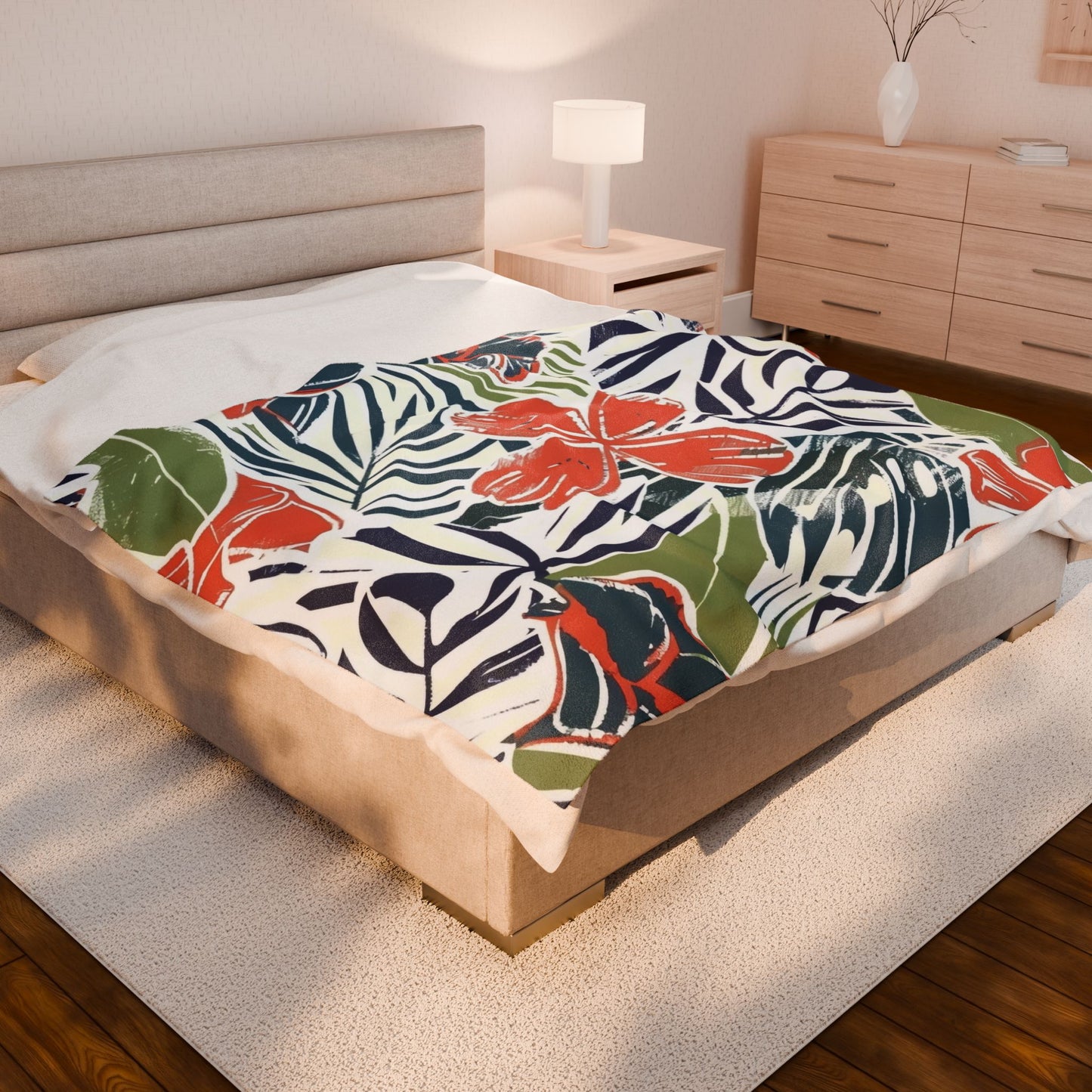 Tropical Floral Velveteen Plush Blanket - Cozy Throw for Home, Beach Days, Gift for Mom, Summer Decor, Relaxation