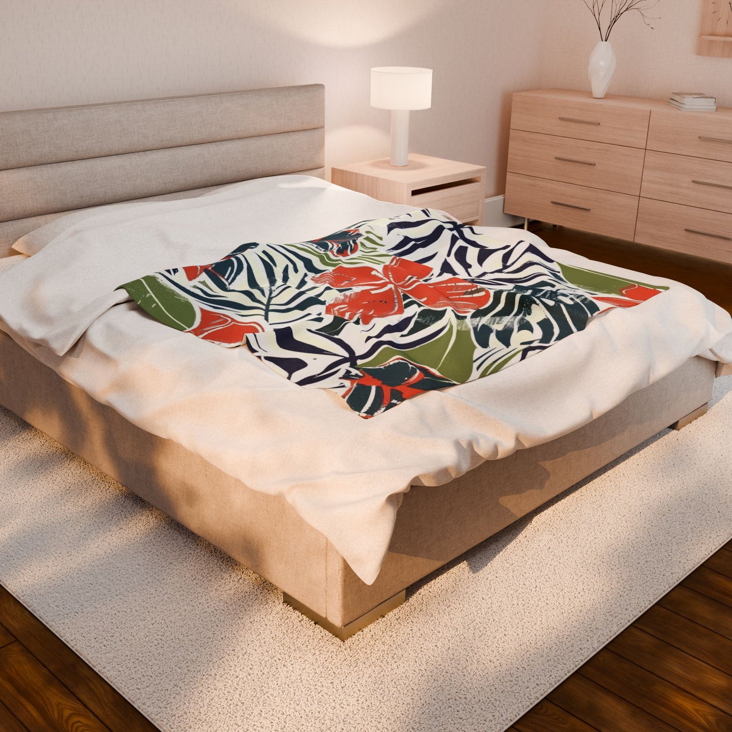 Tropical Floral Velveteen Plush Blanket - Cozy Throw for Home, Beach Days, Gift for Mom, Summer Decor, Relaxation