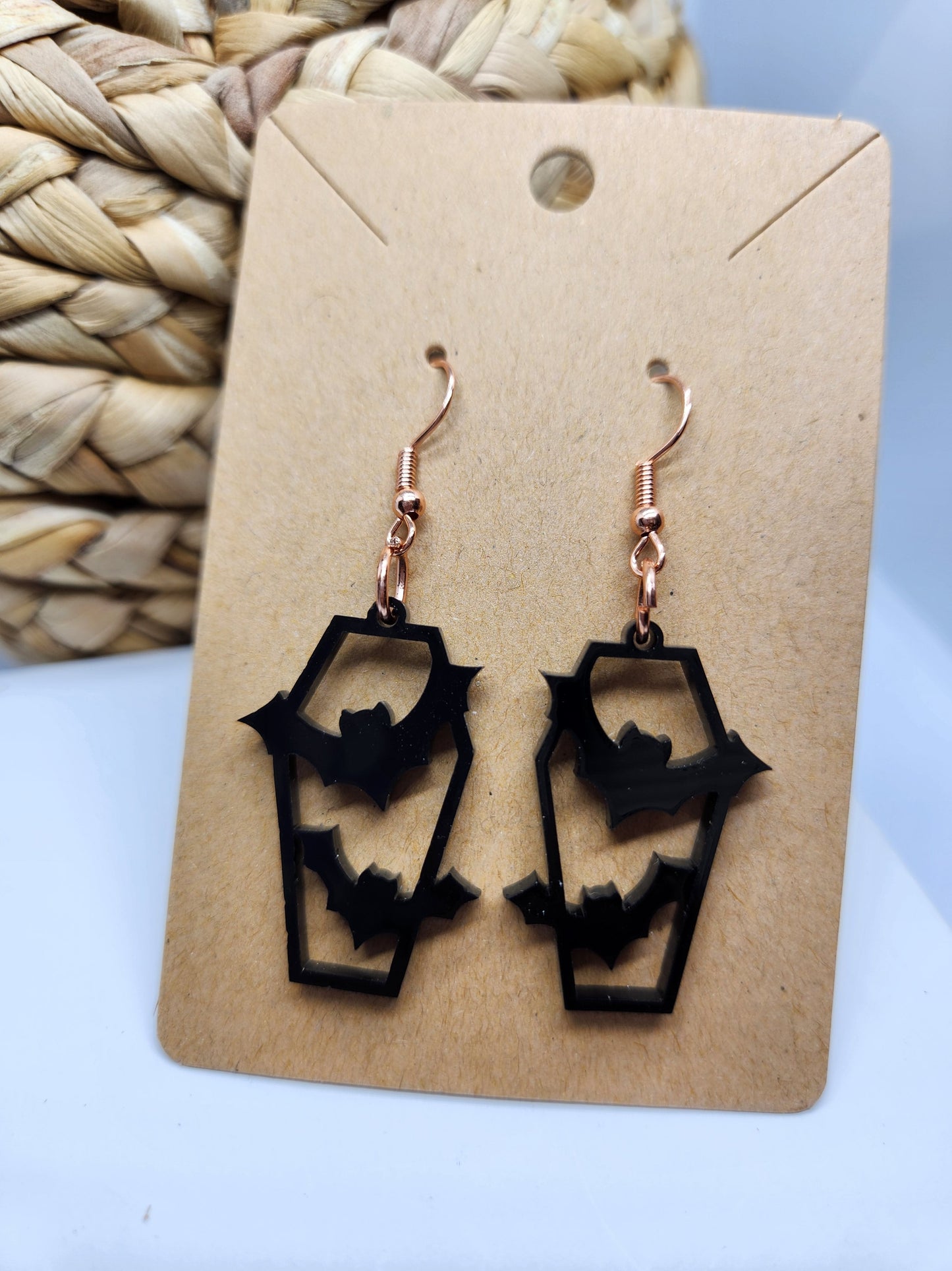 Shaka Brands | Laser Cut | Halloween Earrings *Coffin with Flying Bats*