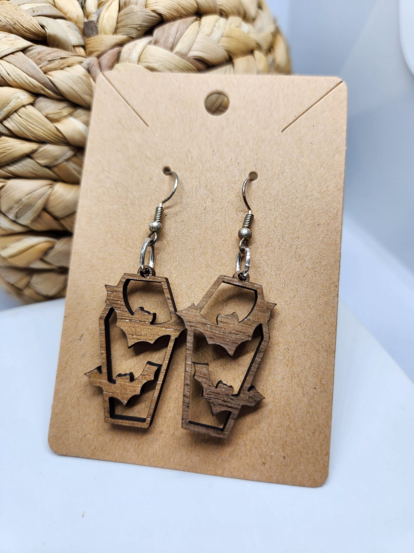 Shaka Brands | Laser Cut | Halloween Earrings *Coffin with Flying Bats*