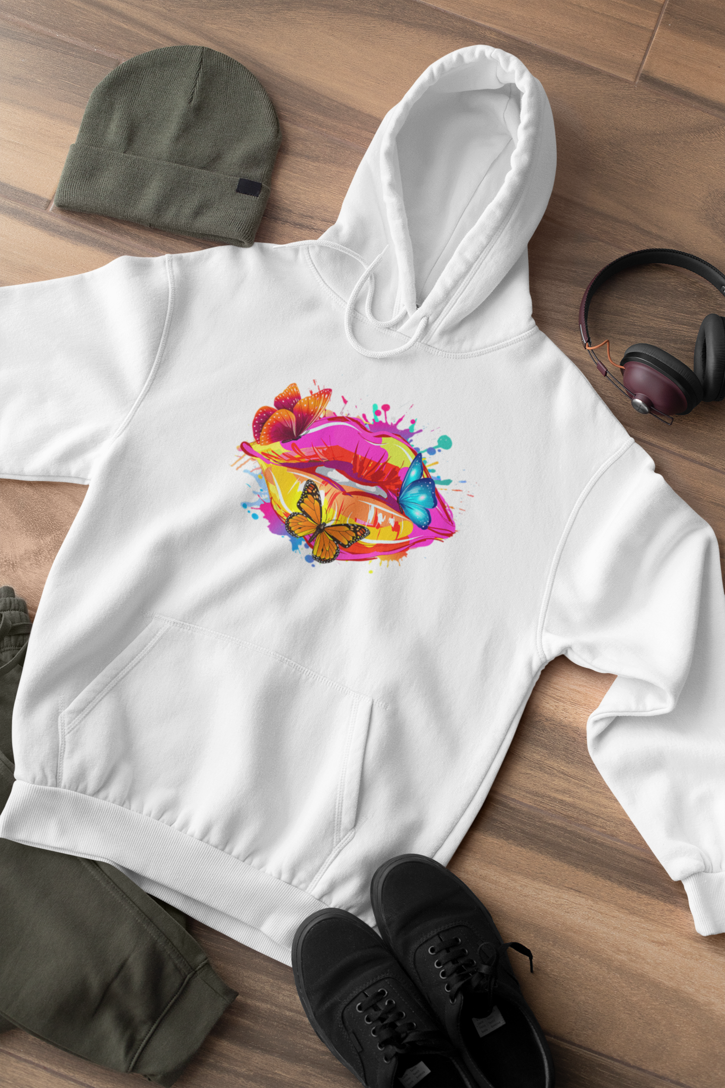 Shaka Brands | LGBTQ Pride Collection | White LGBTQ Lips and Butterflies hoodie