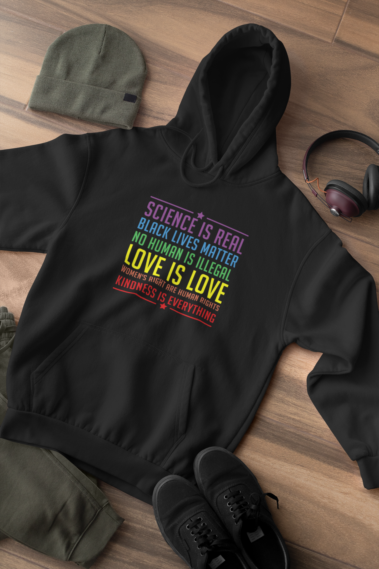 Shaka Brands | LGBTQ Pride Collection | Black Rainbow Science is Real, Black lives Matter, No human is Illegal, Love is Love, Women's rights are human rights, Kindness is everything LGBTQ hoodie