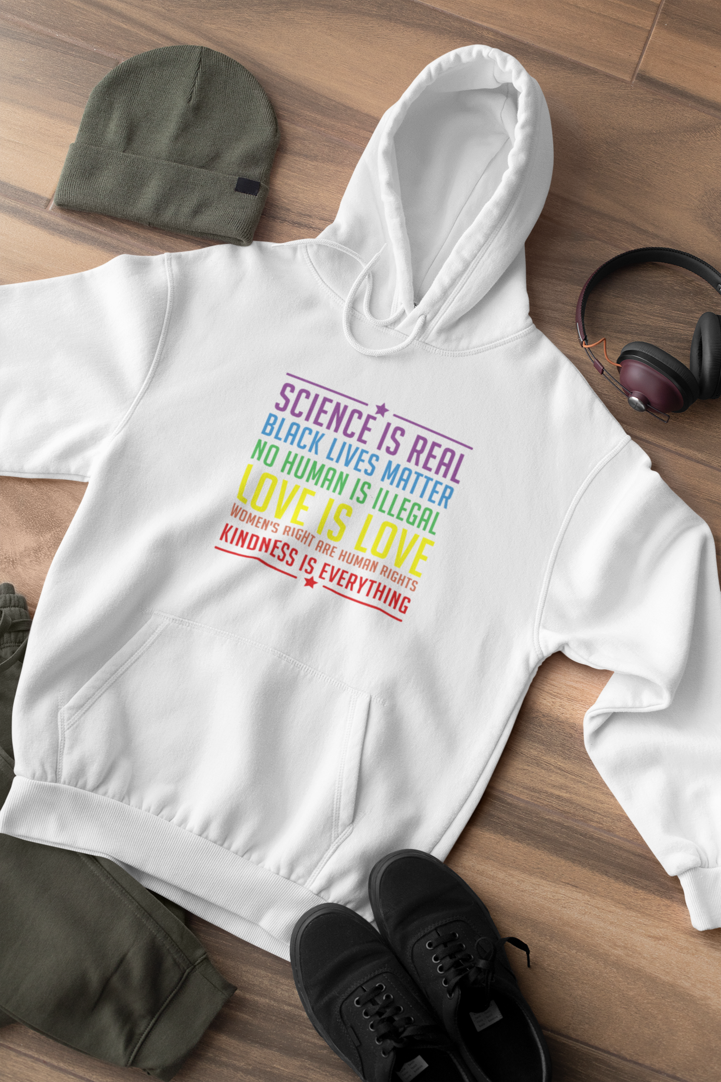 Shaka Brands | LGBTQ Pride Collection | White Rainbow Science is Real, Black lives Matter, No human is Illegal, Love is Love, Women's rights are human rights, Kindness is everything LGBTQ hoodie