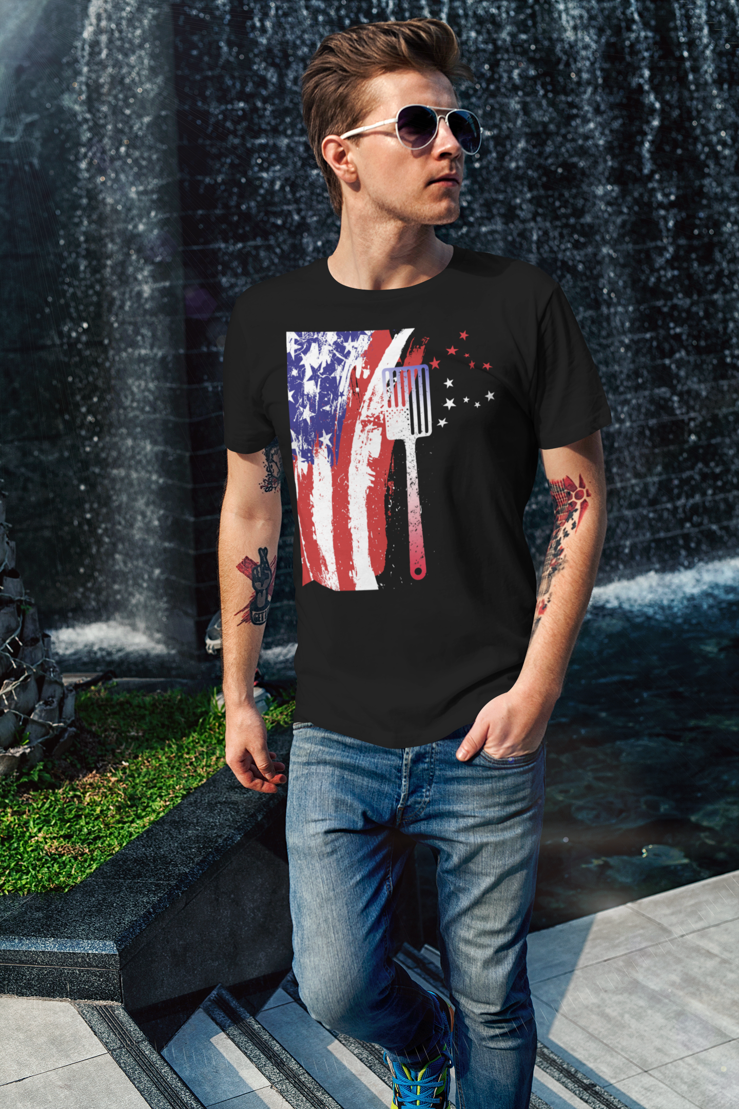 Shaka Brands | Graphic Tee's | Men's American BBQ Old Glory Independence Day Black T-Shirt