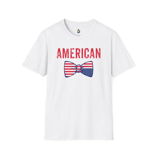 Patriotic Bow Tie T-Shirt, Unisex Softstyle Tee, American Pride Shirt, Fourth of July Top, Casual Everyday Wear, Gift for Him/Her
