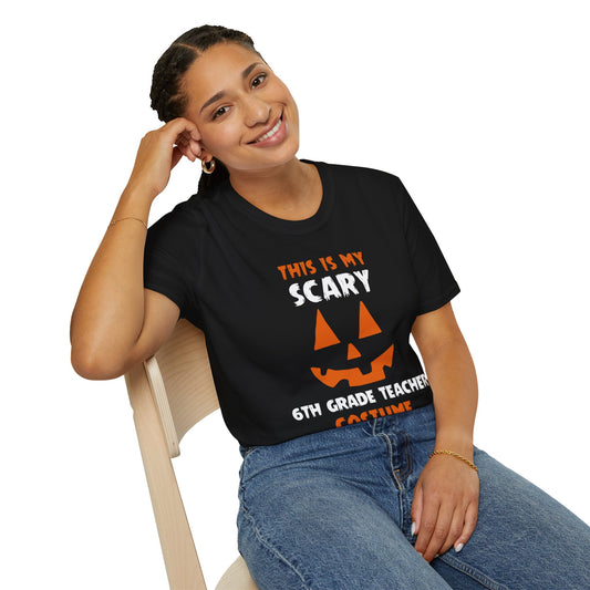 Shaka Brands | Halloween T‑Shirt | “This Is My Scary 6th Grade Teacher Costume” | Unisex | Soft Cotton Blend | Sizes S–2XL