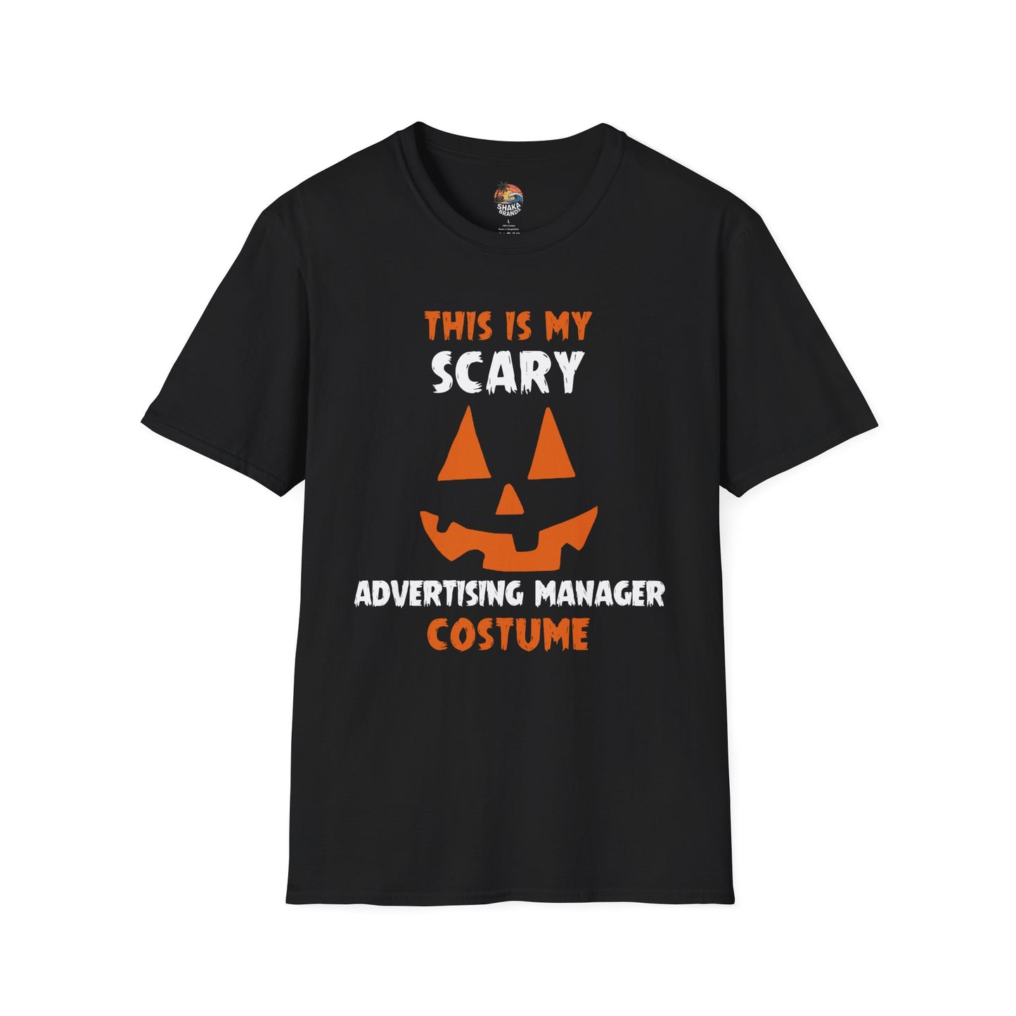 Shaka Brands | Halloween T‑Shirt | “This Is My Scary Advertising Manager Costume” | Unisex | Soft Cotton Blend | Sizes S–2XL