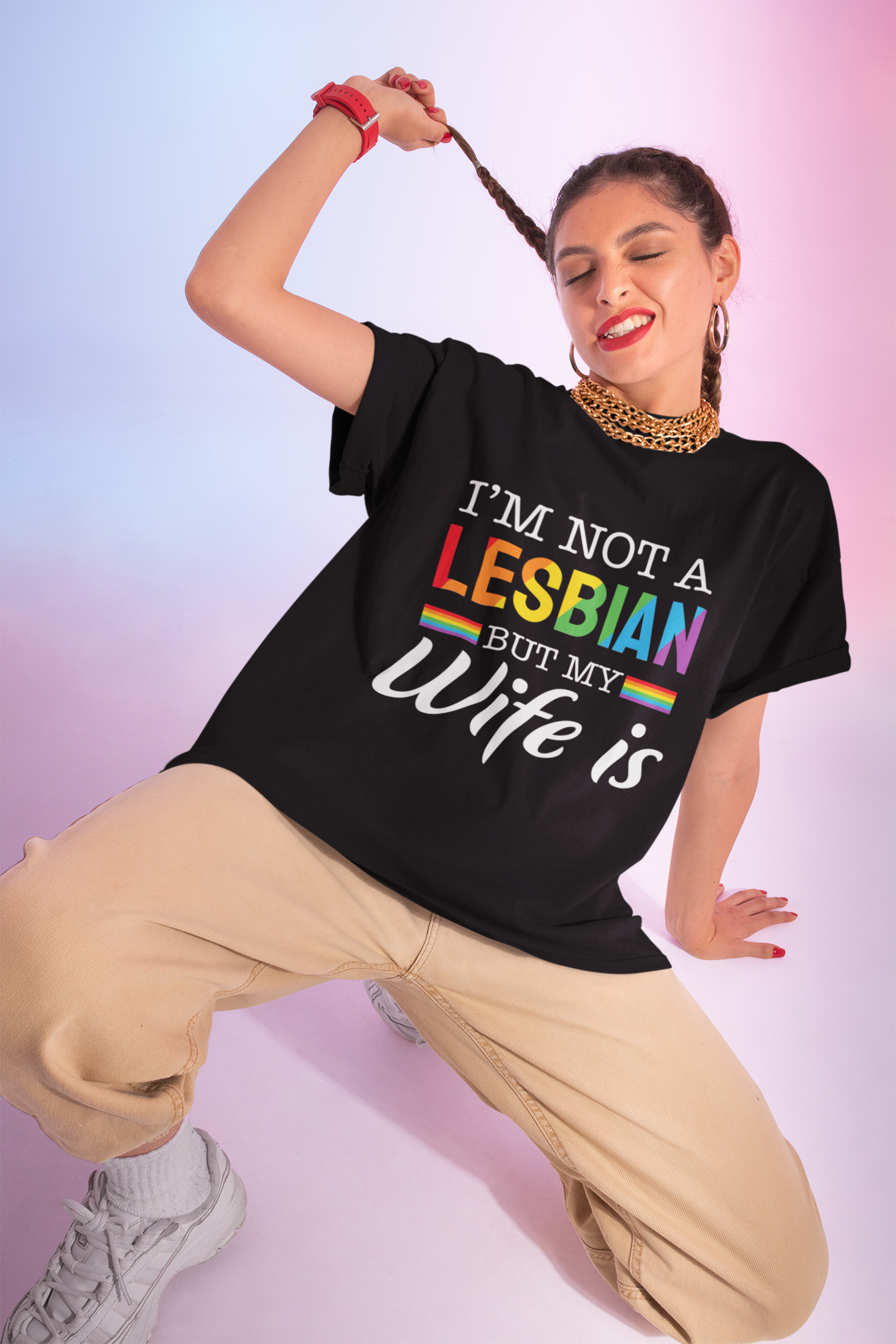 I'm Not A Lesbian But My Wife Is, LGBTQ Pride Tee, Funny Lesbian Shirt, Gay Pride Apparel, LGBTQ+ Gifts, Pride Month Clothing, Women's Softstyle Tee