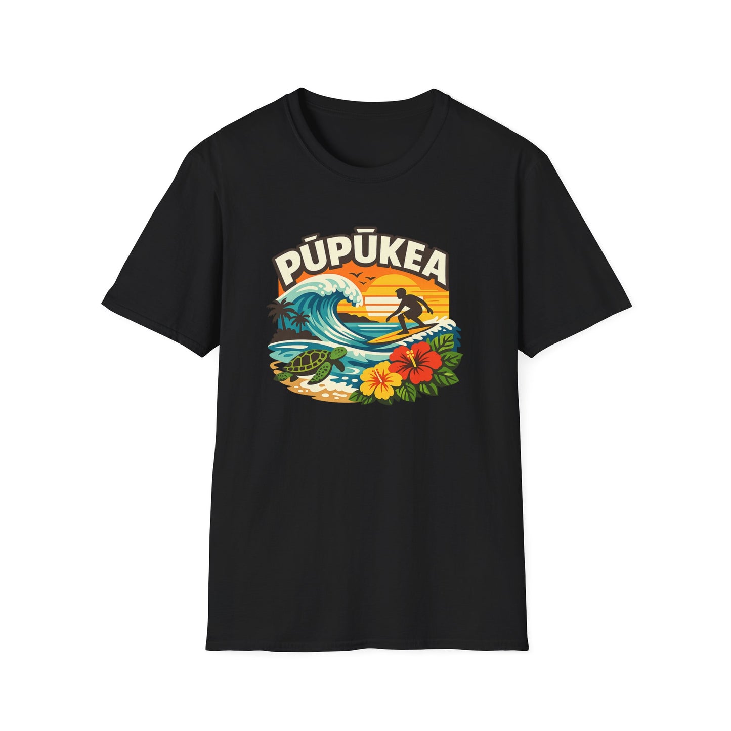 Pūpūkea Hawaii Surf Sunset Wave & Honu – Flat Vector Tropical T-Shirt