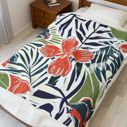 Tropical Floral Velveteen Plush Blanket - Cozy Throw for Home, Beach Days, Gift for Mom, Summer Decor, Relaxation