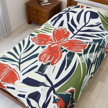 Tropical Floral Velveteen Plush Blanket - Cozy Throw for Home, Beach Days, Gift for Mom, Summer Decor, Relaxation