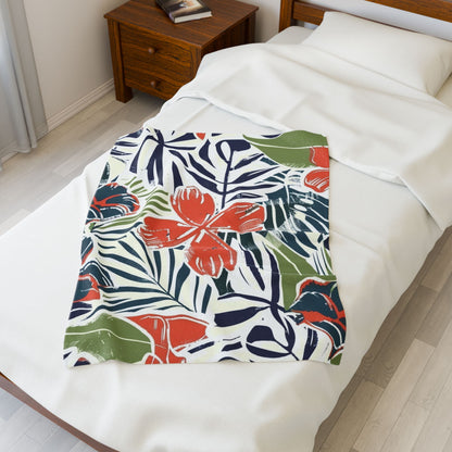 Tropical Floral Velveteen Plush Blanket - Cozy Throw for Home, Beach Days, Gift for Mom, Summer Decor, Relaxation