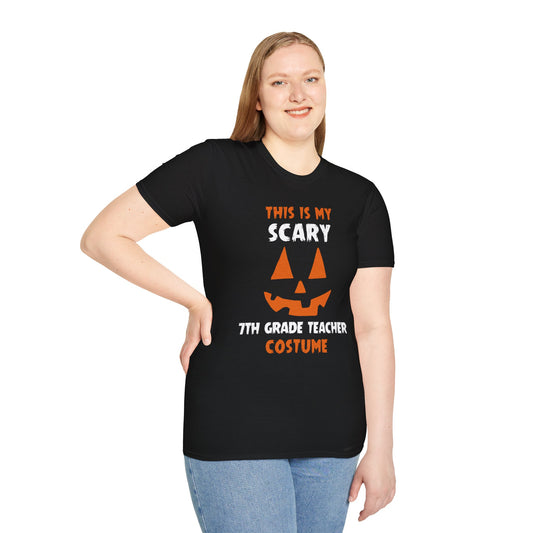 Shaka Brands | Halloween T‑Shirt | “This Is My Scary 7th Grade Teacher Costume” | Unisex | Soft Cotton Blend | Sizes S–2XL