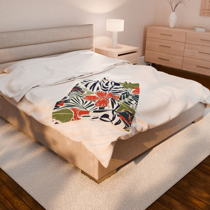 Tropical Floral Velveteen Plush Blanket - Cozy Throw for Home, Beach Days, Gift for Mom, Summer Decor, Relaxation