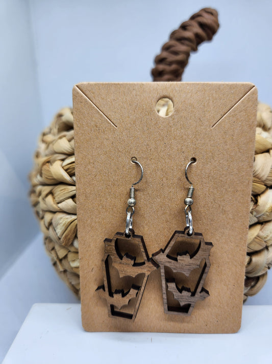 Shaka Brands | Laser Cut | Halloween Earrings *Coffin with Flying Bats*