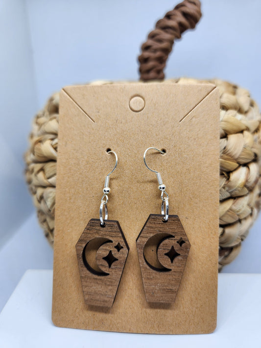 Shaka Brands | Laser Cut | Halloween Earrings *Coffin with Moon & Stars*